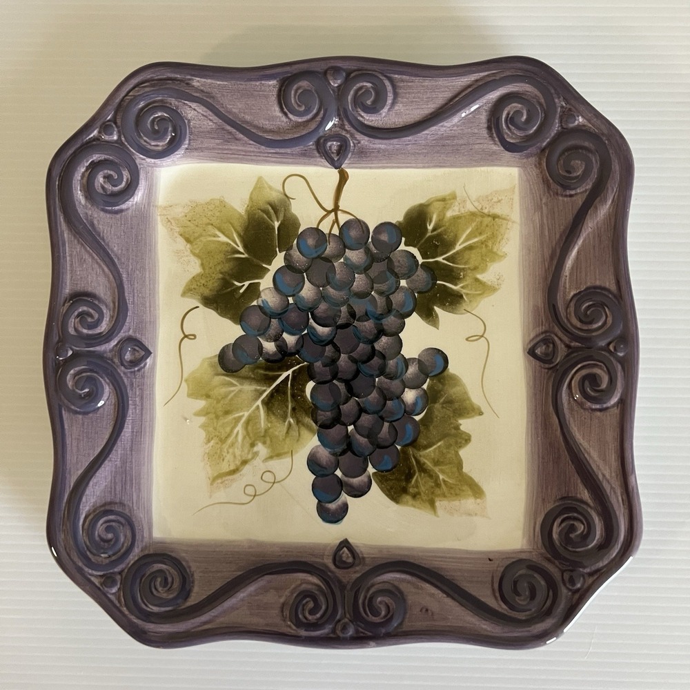 Tabletops Merlot Grapes Scroll Square Plate Handpainted Retired